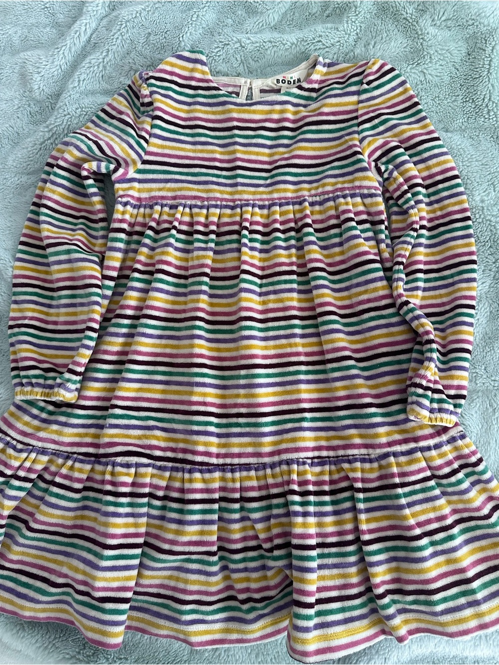 Mini Boden Velour Multicolor Stripe Long Sleeve Dress